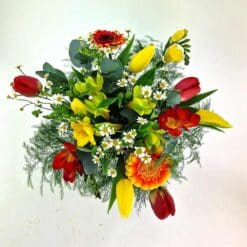 Frühlingssonne Detailsicht Blumenstrauß in Rot und Gelb mit Tulpen, Freesien und Gerbera – Flowerpower Graz