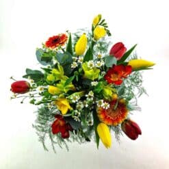 Frühlingssonne Blumenstrauß in Rot und Gelb mit Tulpen, Freesien und Gerbera – Flowerpower Graz