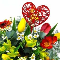 Frühlingssonne mit Herz Detail – Blumenstrauß in Rot und Gelb mit Tulpen, Gerbera und Freesien | Flowerpower Gra
