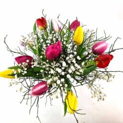 Zarte Tulpenliebe draufsicht – bunter Tulpenstrauß mit Schleierkraut | Flowerpower Graz